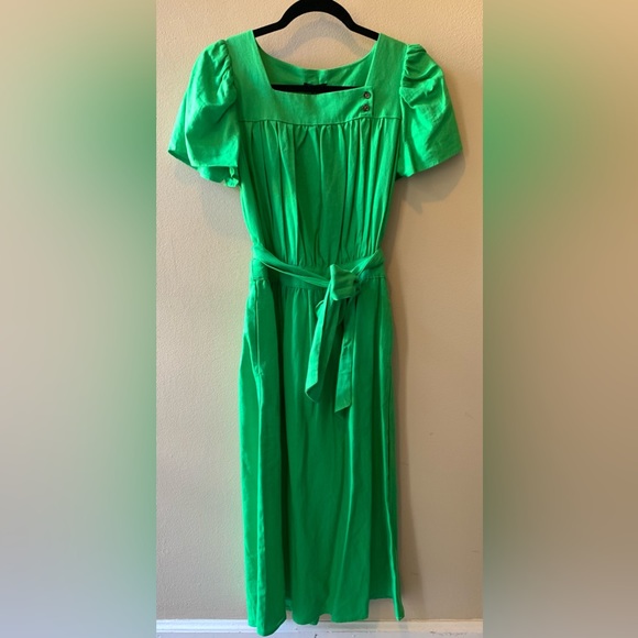 Who What Wear green belted midi dress with puff sleeves, size small - Picture 1 of 3